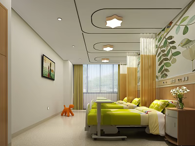 Modern Patient Room Interior With Two Green Beds Leaf Murals Star Lights And Orange Stool 3d model