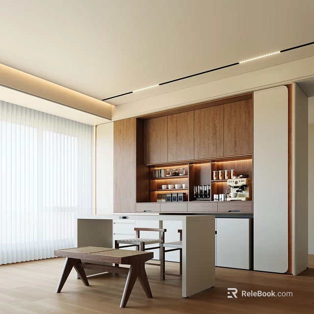 Elegant Modern Restaurant Kitchen Interior With Wooden Cabinets Marble Island And Lighting 3d model 