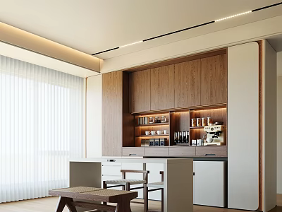 Elegant Modern Restaurant Kitchen Interior With Wooden Cabinets Marble Island And Lighting 3d model