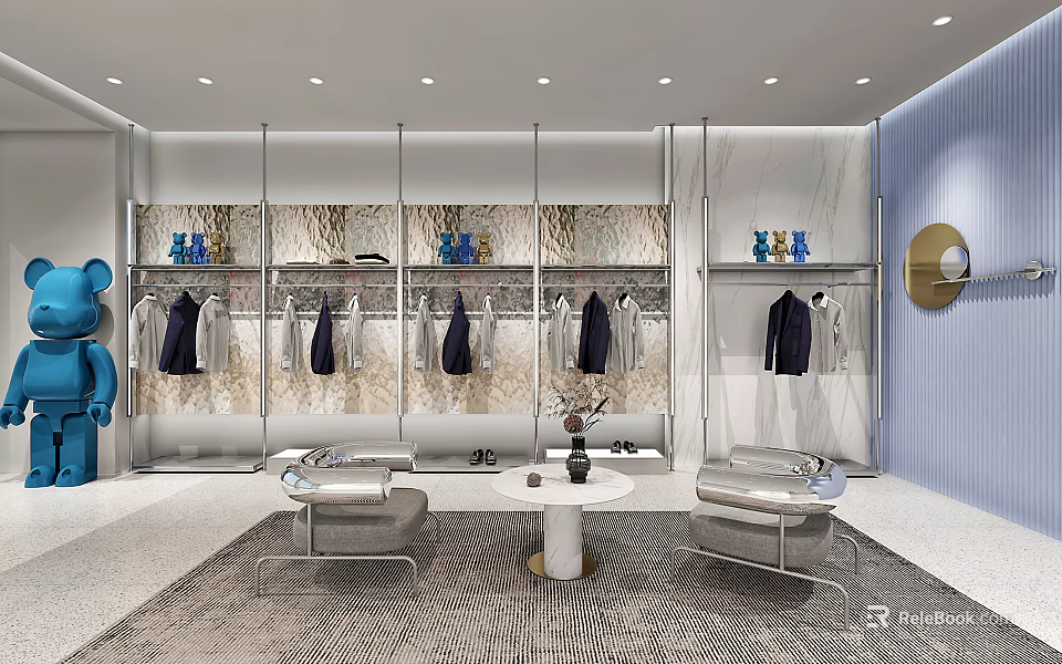 Modern Clothing Store Interior With Hanging Clothes Display Racks And Comfortable Seating 3d model