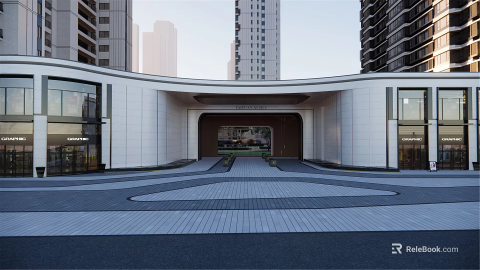 Modern Garden Landscape Design With Arched Entrance And Symmetrical Plants Near High Rise Buildings 3d model 
