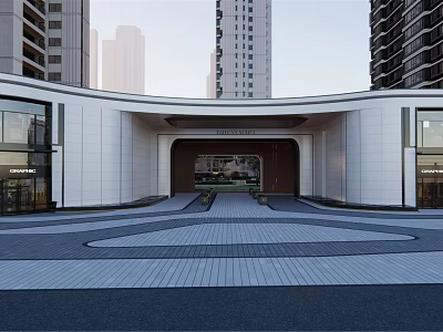 Modern Garden Landscape Design With Arched Entrance And Symmetrical Plants Near High Rise Buildings 3d model