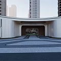 Modern Garden Landscape Design With Arched Entrance And Symmetrical Plants Near High Rise Buildings