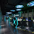 Modern Cybercafe with Neon Lights Gaming Computers and Comfortable Seats 3d model