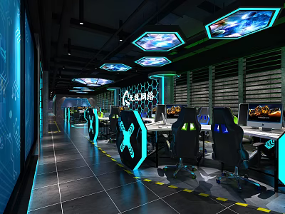 Modern Cybercafe with Neon Lights Gaming Computers and Comfortable Seats 3d model
