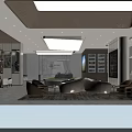 Modern Minimalist Sales Office Interior Design With Abstract Art Sculpture And Custom Wooden Display Shelves