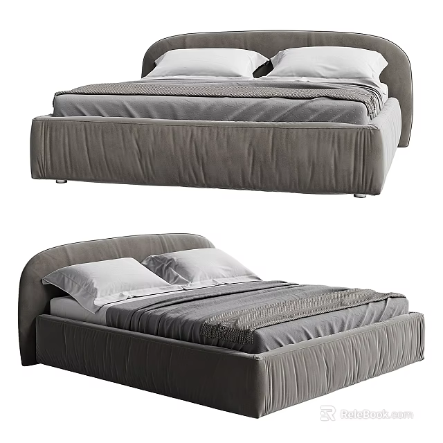 Modern Gray Double Bed With Upholstered Headboard And Soft Bedding 3d model