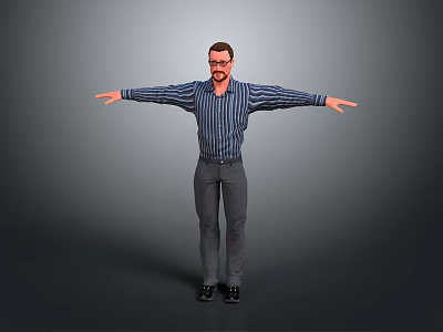 A Man Standing With Arms Outstretched In Striped Shirt Gray Pants Glasses Against Gray Background 3d model