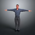 A Man Standing With Arms Outstretched In Striped Shirt Gray Pants Glasses Against Gray Background