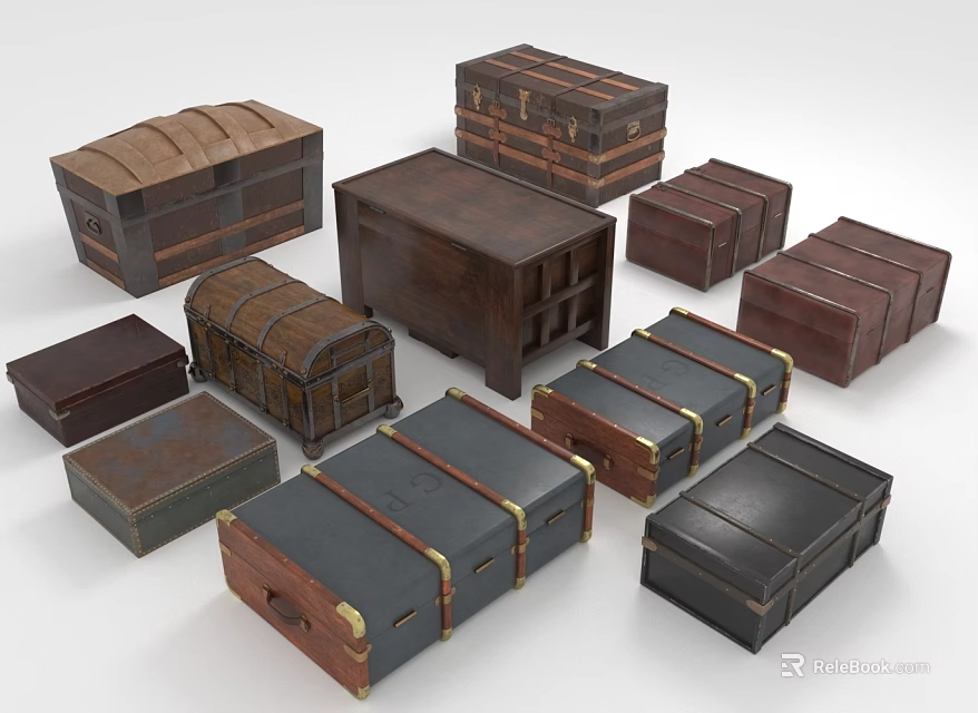 Various Vintage Wooden Trunks With Different Designs And Metal Decorative Accents 3d model 
