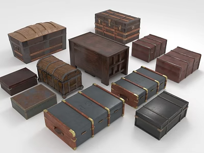 Various Vintage Wooden Trunks With Different Designs And Metal Decorative Accents 3d model