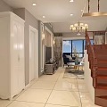 Stylish Living And Dining Room Interior With Chandelier Beige Sofa Blue Armchair Round Coffee Table
