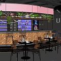 Modern Restaurant Interior With Neon Lights Green Plants Bar Counter And Round Tables