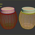 Two Carved Blue Glass Jars With Gold Lids And Intricate Sculpted Patterns