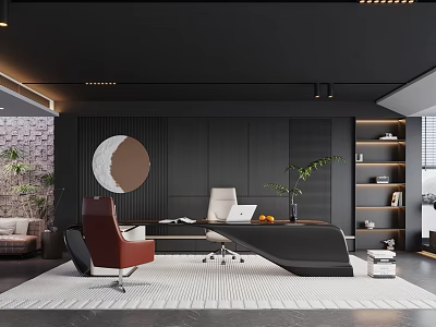 Modern Office Interior With Black Walls Round Decor Desk Red Chair Green Plants Bookshelves Rug 3d model