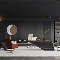 Modern Office Interior With Black Walls Round Decor Desk Red Chair Green Plants Bookshelves Rug