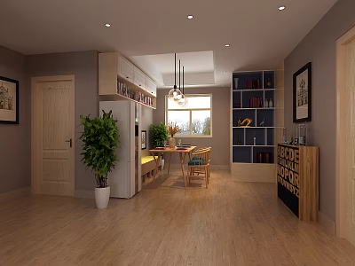 Modern Dining Room With Wooden Floors Hanging Lights Table Chairs Green Plants And Natural Light 3d model