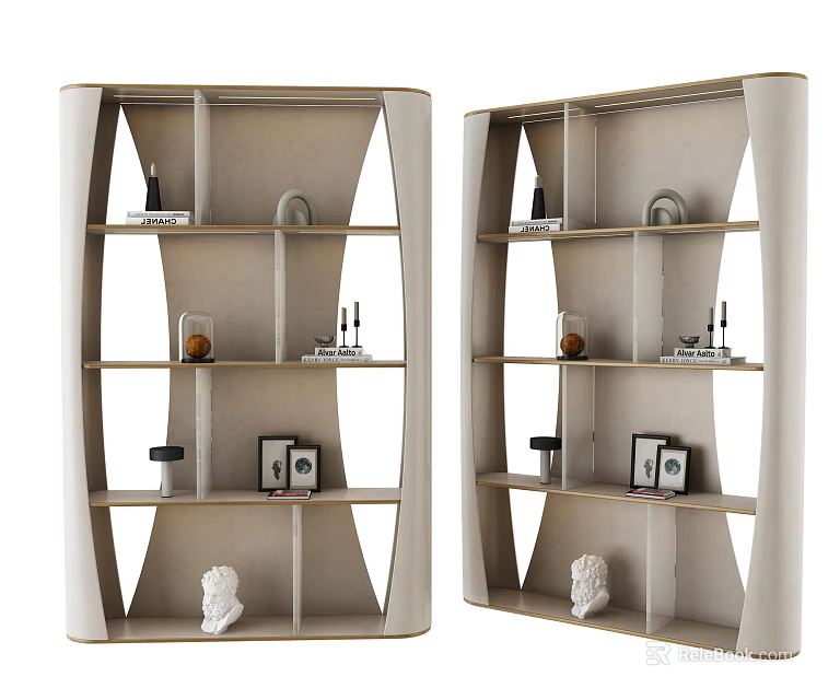 Modern Bookcase Interior Design With Decorative Sculptures Photo Frames And Small Ornaments 3d model 