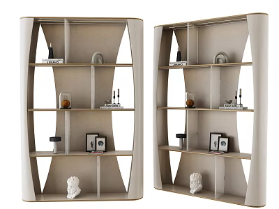 Modern Bookcase Interior Design With Decorative Sculptures Photo Frames And Small Ornaments 3d model