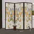 Three Panel Room Divider With Geometric Yellow Gray Pattern And Potted Plant Cat In Interior 3d model