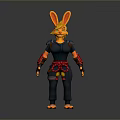 3D Rendered Rabbit Woman Wearing Black Red Combat Suit with Yellow Ears Standing Gray Background