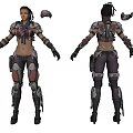 Futuristic Game Movie Character Purple Silver Armored Suit with Detailed Mechanical Parts Front Back View