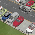 Parking Lot With Multiple Different Colored Cars In Parking Spaces Near Road And Lawn