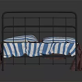Double Bed With Black Metal Frame Red Blanket And Blue White Striped Bedding