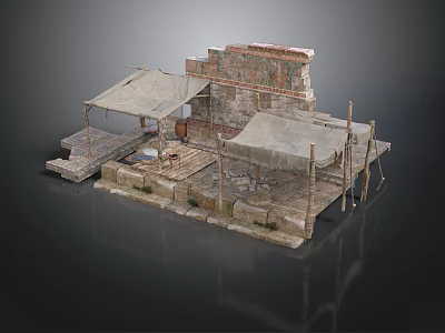Ancient Stone Structure Scene With Canopies Wooden Poles And Stone Steps 3d model
