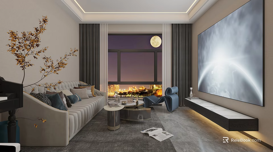 Modern Home Theater Interior Design With Large Screen TV Comfortable Sofa And Night View Moon 3d model 