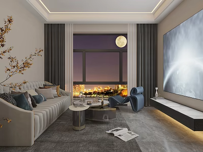 Modern Home Theater Interior Design With Large Screen TV Comfortable Sofa And Night View Moon 3d model