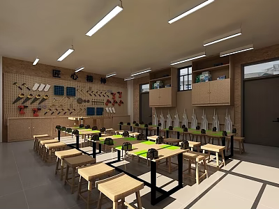 School Practical Education Classroom With Wooden Tables Tool Racks And Wall Decorations 3d model