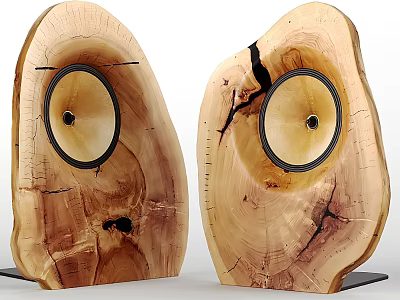 Pair Of Natural Wooden Log Shaped Speakers With Round Audio Drivers 3d model