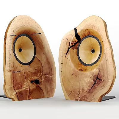 Pair Of Natural Wooden Log Shaped Speakers With Round Audio Drivers 3d model