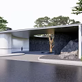 Modern Minimalist Building Entrance Gate With Trees Stone Elements And Water Reflection 3d model