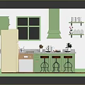 Green Kitchen Interior With White Countertop Island Refrigerator Red Wooden Floor And Cabinets