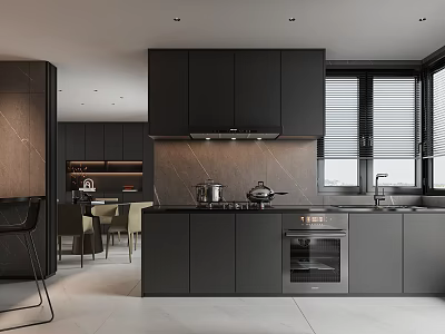 Modern Black Kitchen Interior With Island Counter Cabinets Appliances And Windows 3d model
