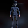 Futuristic Warrior Character With Biomechanical Samurai Helmet Horns Glowing Eyes Dark Coat Buttons Pockets