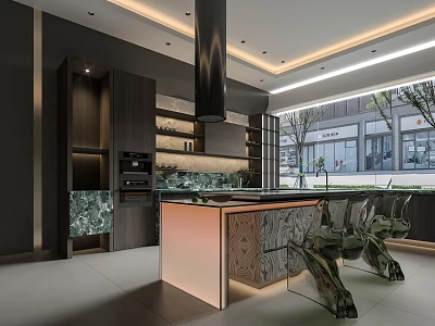 Modern Restaurant Interior With Dark Cabinets Marble Island Metallic Chairs And Large Windows 3d model