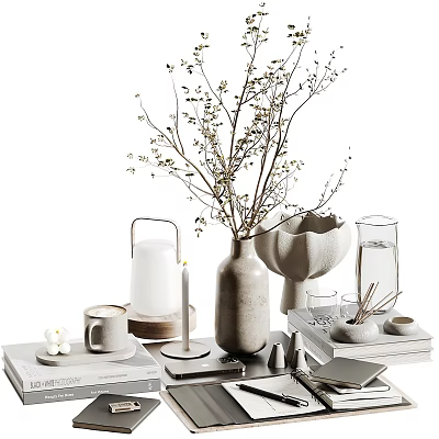 Minimalist Modern Decorative Ornament Set With Vase Twigs Candle Glass And Books 3d model