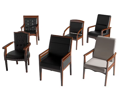 Various Styles Office Chairs Featuring Wooden Frames And Different Color Upholstery 3d model