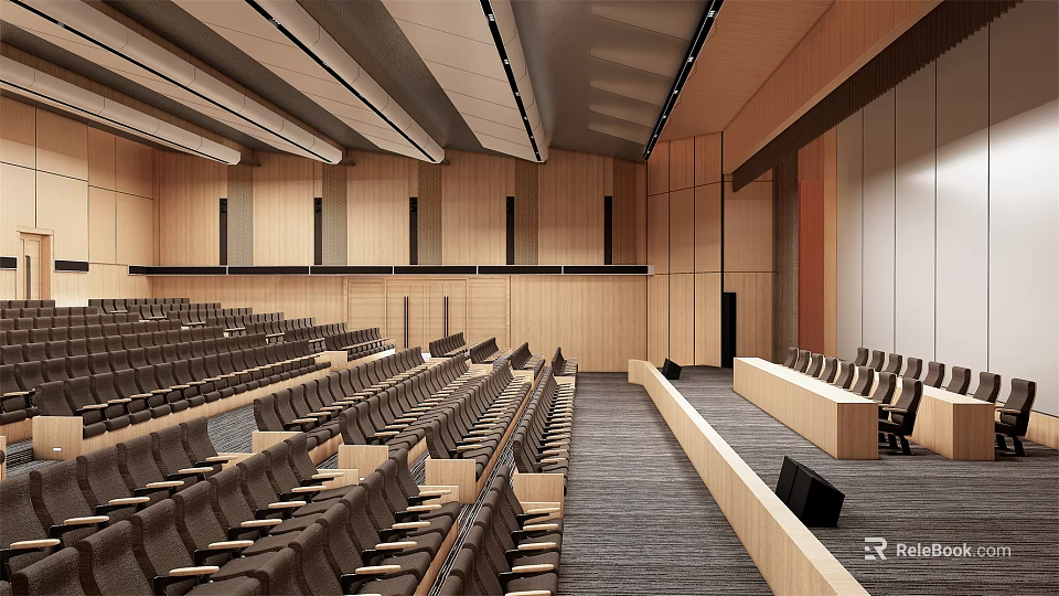 Modern Auditorium Interior With Tiered Seats Wooden Walls Projection Screen And Lectern 3d model 