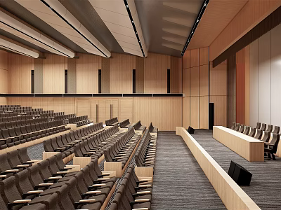 Modern Auditorium Interior With Tiered Seats Wooden Walls Projection Screen And Lectern 3d model