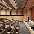 Modern Auditorium Interior With Tiered Seats Wooden Walls Projection Screen And Lectern