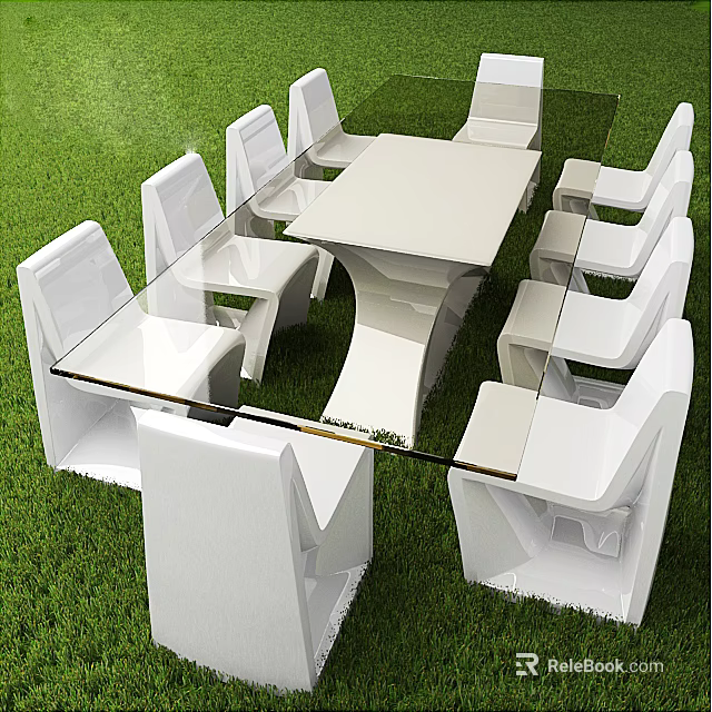 Modern White Outdoor Table With Glass Top And White Chairs On Green Grass 3d model 