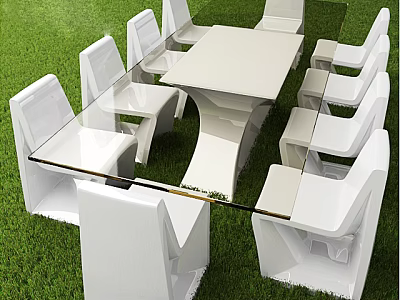 Modern White Outdoor Table With Glass Top And White Chairs On Green Grass 3d model