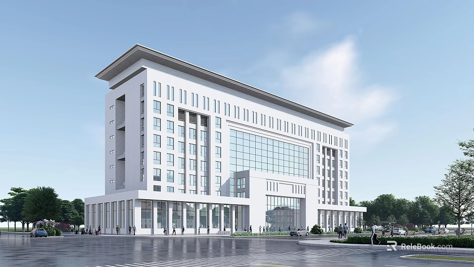 Modern Office Building With White Exterior Large Glass Windows And Landscaped Surroundings 3d model 