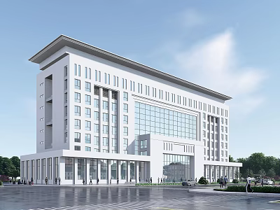 Modern Office Building With White Exterior Large Glass Windows And Landscaped Surroundings 3d model