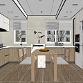 Modern Restaurant Kitchen Interior With Dining Table Chairs And Wooden Cabinets