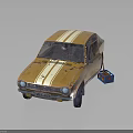 Yellow Old Car With White Stripes And Rusty Body Near Blue Toolbox